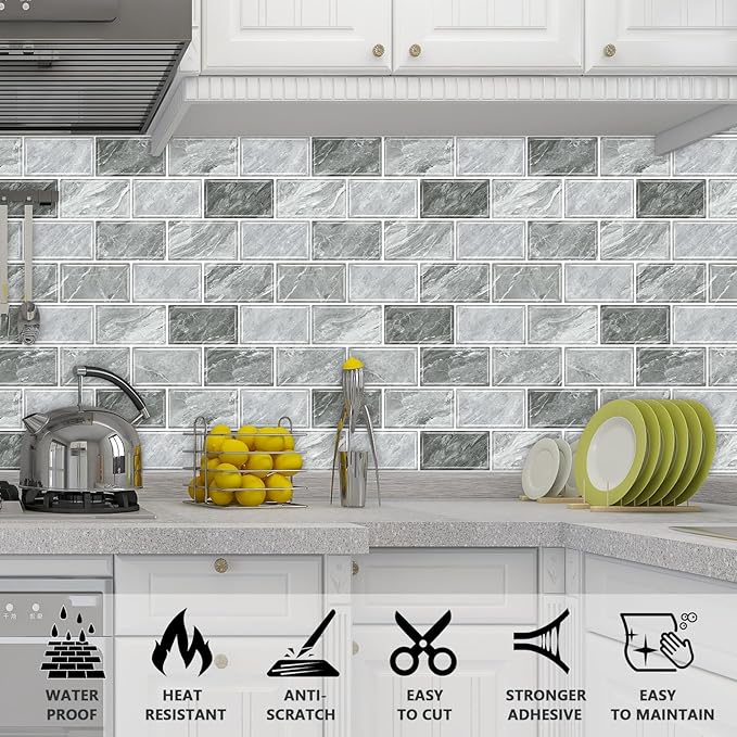 URCOLOR 10-Sheet Stick on Backsplash for Kitchen,12"x12" Peel and Stick Self Adhesive Wall Tiles Back Splashes for Bathroom Light Gray Marble Look
