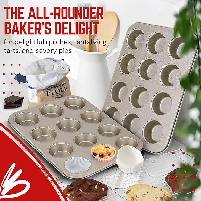 Flexzion Muffin Tray Cupcake Baking Pan 2 Pack, 12-Cup Nonstick Carbon Steel Muffin Tin Non-Stick Cupcake Tin Bakeware Accessories for Baking Brownies Snack, Fridge Safe, Champagne Gold