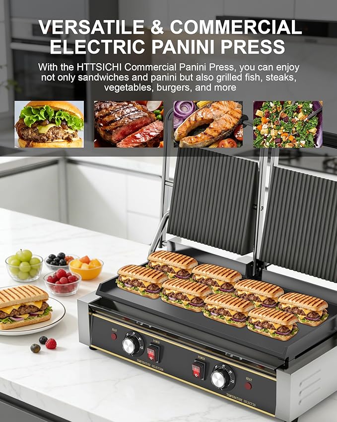 Commercial Panini Press - 3600W Electric Sandwich Panini Maker, Stainless Steel Double Sandwich Grill w/Nonstick Coating & Temp Control, 19x9 in Plate for Hamburger Steak Bacon