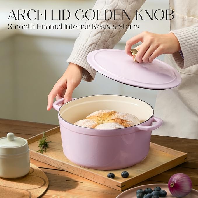 CAROTE 5QT Enameled Cast Iron Dutch Oven Pot with Lid, Heavy-Duty Dutch Ovens for Sourdough Bread Baking, Braising, Roasting, Dual Handles, Healthy & Non-Toxic, All Stovetop Compatible, Oven Safe up to 500° F, Macaron Purple