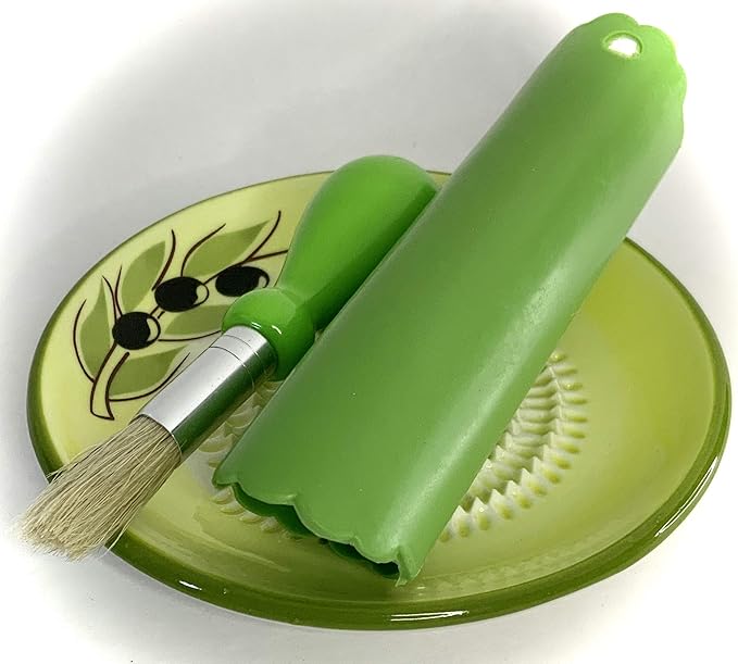 All-in-one Premium Ceramic Garlic Grater Plate 4-Piece Set - Yellow Olive Design, Classic Style - For Garlic, Ginger, Chocolate, and more! - Comes with 5.25" Plate, Peeler, Brush, and Stand