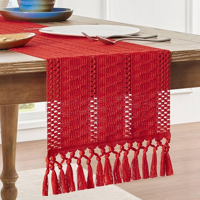 ZeeMart Macrame Style Boho Table Runner, Red Table Runners 108 Inches Long, Farmhouse Woven Home Decor, 12x108 Inch, Red