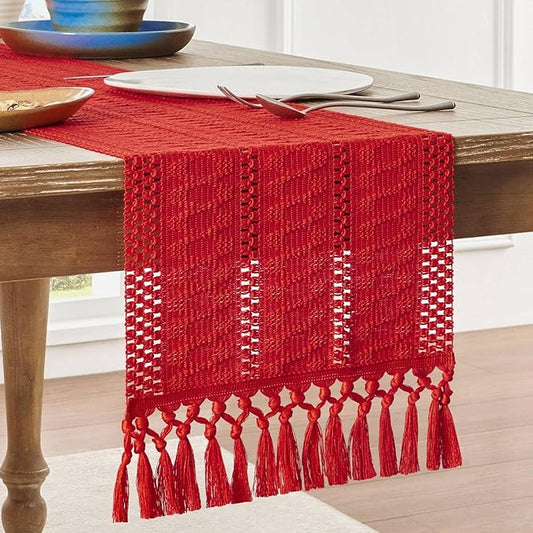 ZeeMart Macrame Style Boho Table Runner, Red Table Runners 60 Inches Long, Farmhouse Woven Home Decor, 12x60 Inch, Red