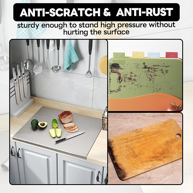 ISXACFF Stainless Steel Cutting Board with Lip 31.5" L X 22.8" W Large Cutting Board Kneading Board Pastry Board Non Stick Thick Board with Rolling Pin for Meat Fruits Vegetables Bread and Baking