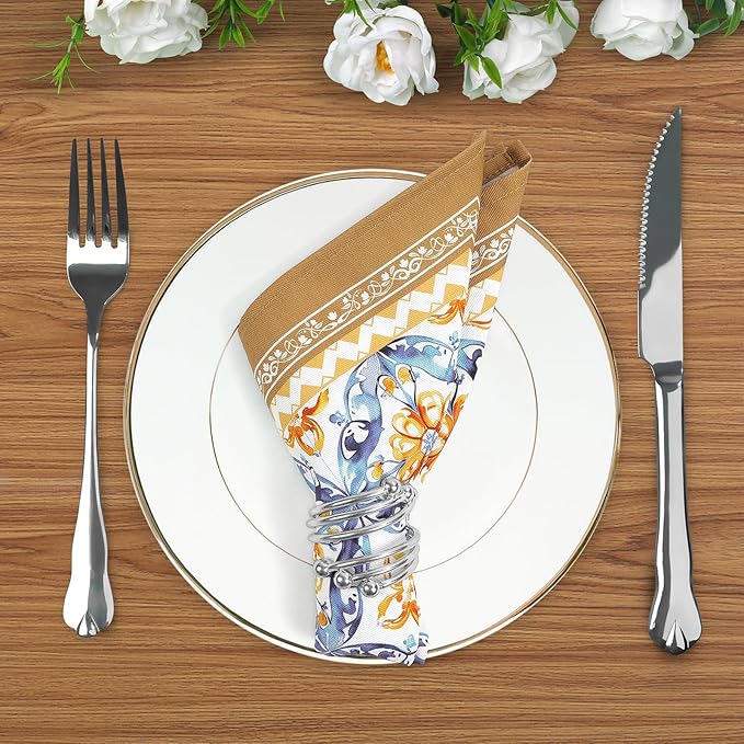 Boho Floral Print Cloth Napkins 100% Cotton, 18" X 18" Dinner Napkins Cloth Set, Washable Napkins for Home, Kitchen, Dinner, Party, Wedding, Cocktail, Set of 4