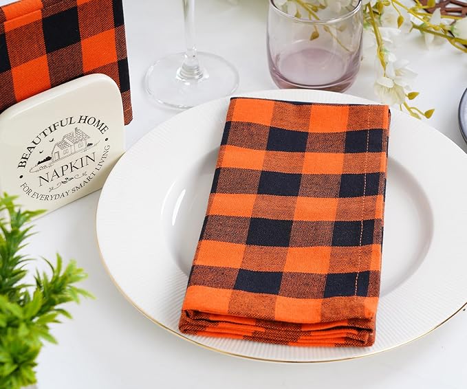 Blue Needles Gingham Buffalo Plaid Cloth Napkins 100% Cotton Set of 12 Dinner Table Napkins 18x18 inch Soft, Reusable, Washable Perfect for Wedding Parties & Everyday Use - Orange and Black