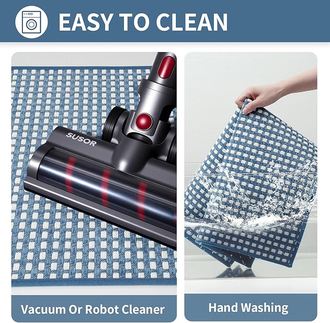 Kitchen Mat Kitchen Rugs Sets of 2 PCS Non Slip Washable, Super Absorbent Soft Braided Kitchen Mats for Floor, Rubber Backing Comfort Standing Kitchen Sink Mat Runner Rug, Blue 17"x28"+17"x59"