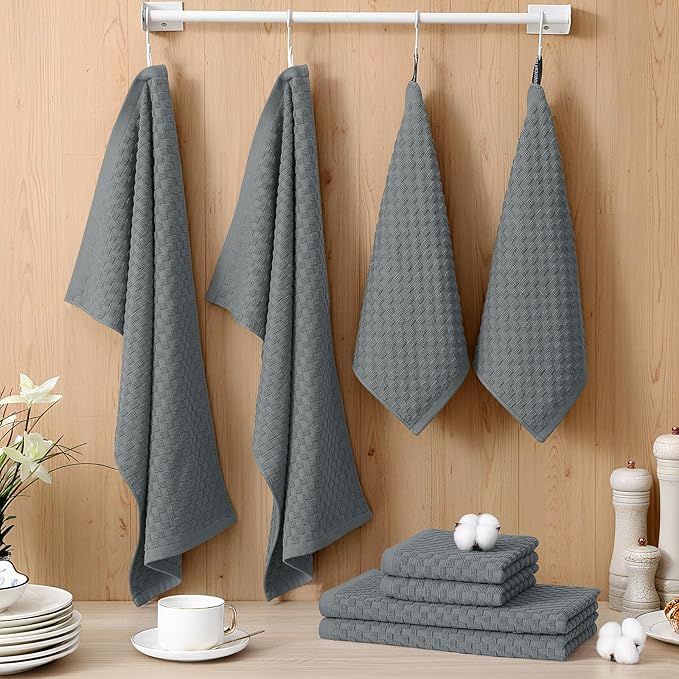 Homaxy 100% Cotton Kitchen Towels and Dishcloths Set, 12 x 12 & 15 x 25 Inches, Set of 10 Bulk Terry Cloth Dish Towels, Super Soft and Absorbent Hand Towel with Hanging Loop, Dark Grey