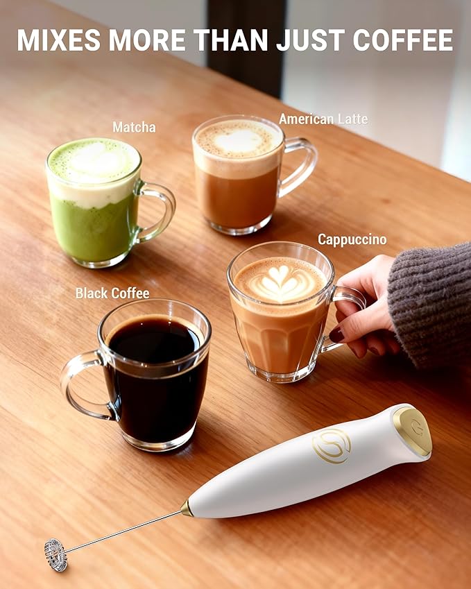 HeyLotie Milk Frother With Stand Handheld Frother Wand Drink Mixer Handheld Coffee Stirrers Electric Frother for Coffee Mixer Wand with 2 Whisk frother for protein powder-White/Gold