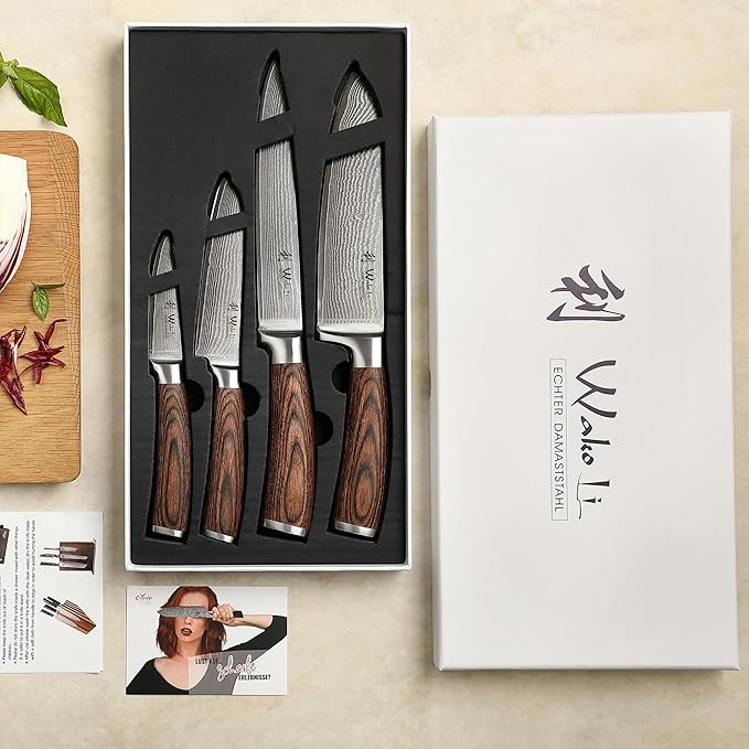 Wakoli EDIB 4-Piece Damascus Knife Block Set – Professional Kitchen Knives with Magnetic Acacia Block, 67-Layer Damascus Steel Blades and Ergonomic Pakkawood Handles – Premium Knife Set with Block
