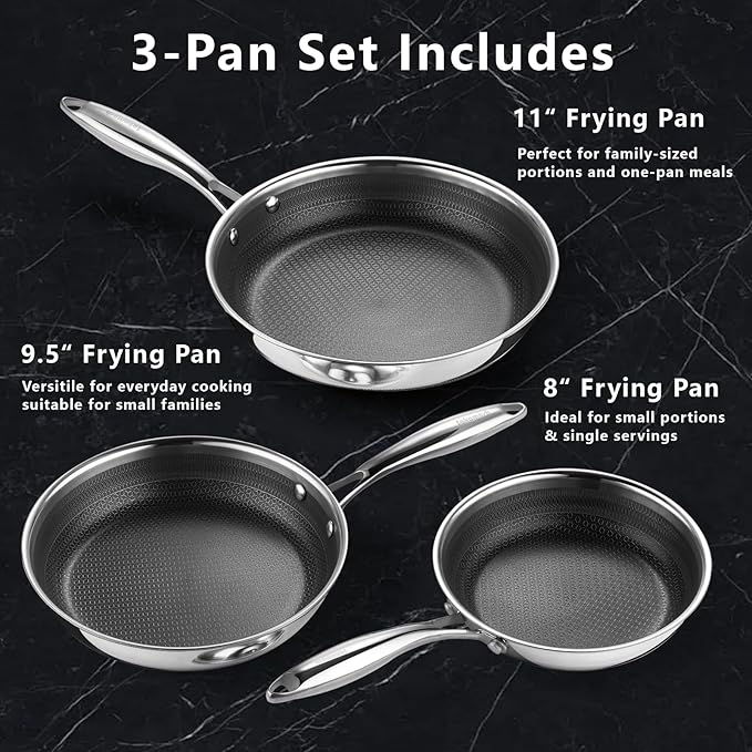 SAKAMOSH Non Stick Frying Pans Set, 8" 9.5" 11" Stainless Steel Pan Set, Ceramic Skillet with Stay-Cool Handle, Non Toxic, PFAS PFOA PTFE Free, Dishwasher Safe, Induction, Suitable with All Cooktops