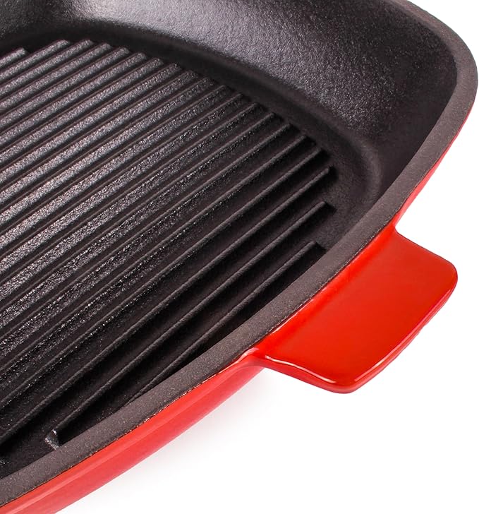 Berghoff Neo 2Pc Enameled Cast Iron Grill Set, Grill Pan 11 inches, Bacon/Steak Press 8 inches, Fast, Evenly Heat, Oven safe (Red)