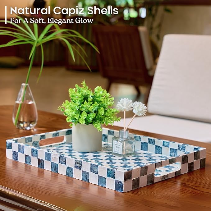 15.8" x 11.8" Decorative Rectangular Tray with Natural Capiz Shells, Checkered Tray with Handles, Serving Tray for Ottoman, Coffee Table, Kitchen Counter Home Decor (Navy Blue)