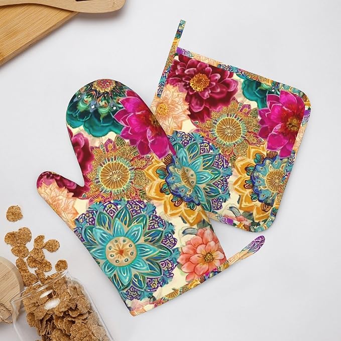 Oven Mitts and Pot Holders Boho Colorful Flower Silicone Kitchen Accessories Set of 4 Heat Resistant Long Gloves Potholder Non-Slip Grip for Chef Cooking Baking Grilling BBQ