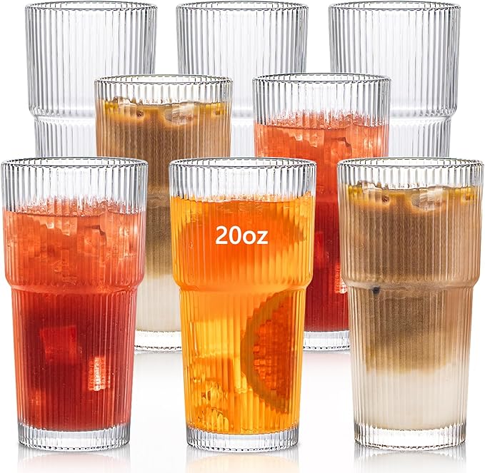 INSETLAN 20oz Ribbed Glass Tumbler Set of 8 – Large Capacity Drinking Glasses for Iced Coffee, Water, Juice, and Cocktails – Elegant Modern Glassware for Everyday Use and Special Occasions
