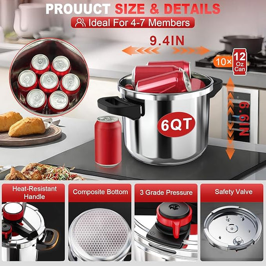 3-In-1 304 Stainless Steel Pressure Cooker 6.3 Quart: [Explosion-Proof] [3 PSI Settings], One-Hand Locking Pressure Canner, Induction Compatible, Glass Lid & Steamer Rack Included, Olla de Presion