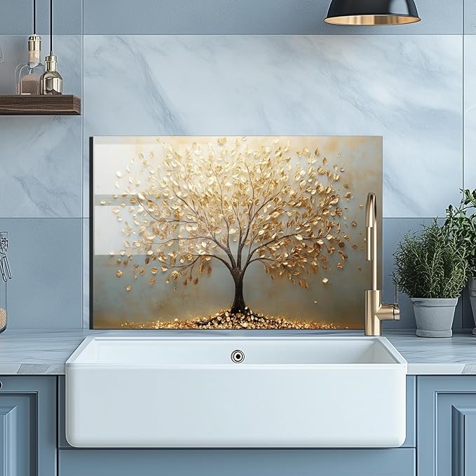 Evgosm Tempered Glass Backsplash for Kitchen, Tree of Life Stove Splashback, Glass Backsplash, Used for Kitchen Wall Protection and Decoration, Easy to Install and Clean. (30x18'')