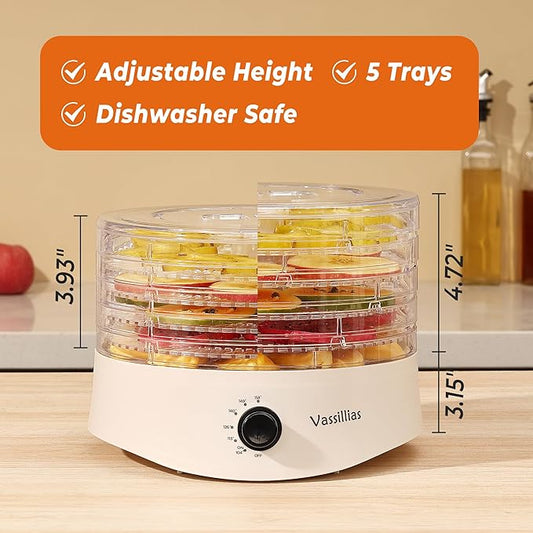 Small Food Dehydrator Dryer - Dehydrator for Healthy Food, Meat, Jerky, Fruit, Vegetable, Mushroom and Herb, 280W, 158°F, Mini Dryer with 5 BPA-Free Drying Racks and Slide Out Tray, White, Model 704M