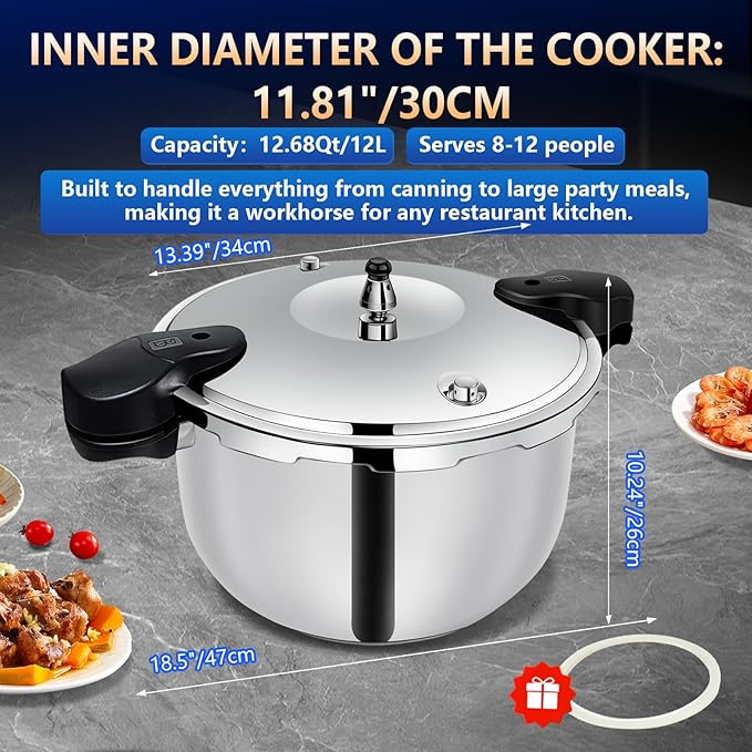 Stainless Steel Pressure Cooker, Peterboo 12 Quart Induction Compatible Thickened Pressure Cooker with Spring Valve Safeguard Devices, Compatible with Gas & Induction Cooker 12+ qt large