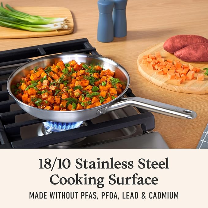 Calphalon Premier Brushed 5-Ply Stainless Steel Cookware Set w/Turbo Heat Tech 3 Piece Includes Fry and Sauce Pan Set, Induction, Oven Safe 450F, Silver