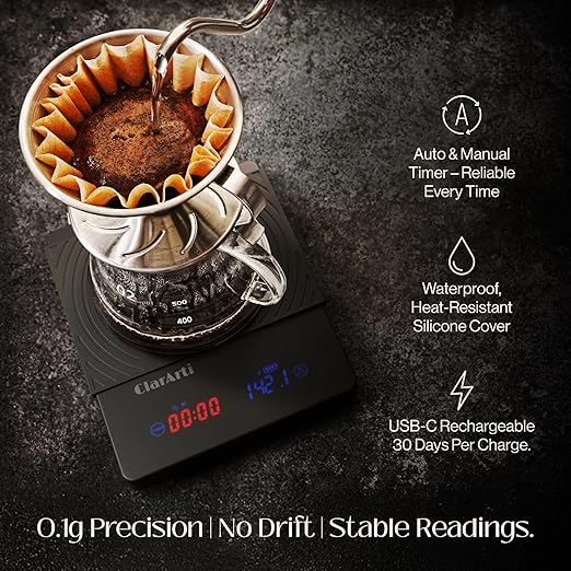 ClarArti - Sensitive Coffee Scale with Timer – 2kg/0.1g High Accuracy Small Espresso Scale for Barista Tools - Water-Resistant, Pour Over, and Drip Coffee – Precision Espresso Scale with Timer