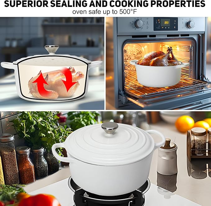 LEADKooKers 5QT Enameled Cast Iron Bread Oven with Proofing Basket for Bread Baking, Bread Making Supplies Tools,Heavy-Duty Cookware for Braising, Stews, Roasting, Bread Baking (White)