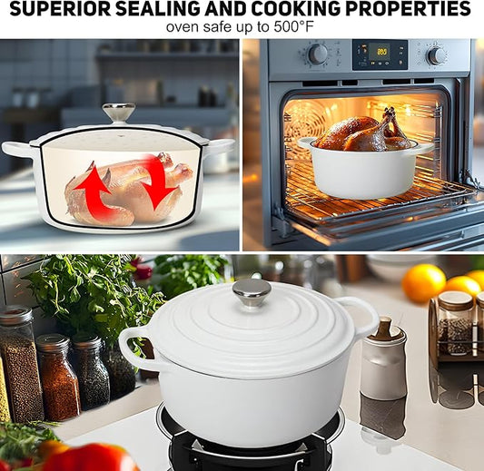 LEADKooKers 5QT Enameled Cast Iron Bread Oven with Proofing Basket for Bread Baking, Bread Making Supplies Tools,Heavy-Duty Cookware for Braising, Stews, Roasting, Bread Baking (White)