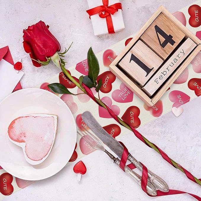Valentines Day Table Runner 13x60 Inch, Be Mine Kiss XOXO Love Hearts Valentine Table Runner, Anniversary Home Kitchen Dining Table Holiday Party Decorations
