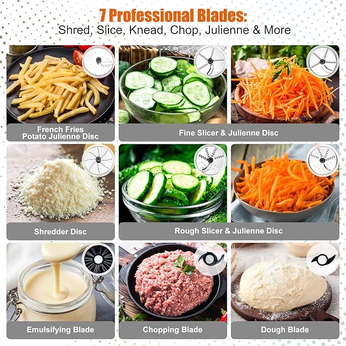 Homtone 16 Cup Food Processor Large, 9 Functions 7 Blades 3 Speeds for Shredding, Slicing, Making French Fries, Chopping Meat, Kneading Dough & Emulsifying, 600W