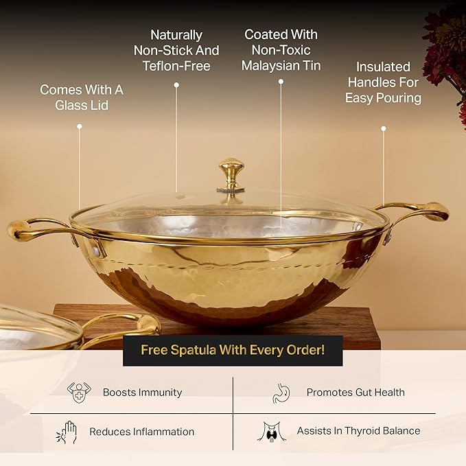 P-TAL Brass Kadhai 1.5L with Insulated Heat-Resistant Handle and Glass Lid | 100% Pure Brass Tin Coated Kadai for Cooking | Non-Stick and Chemical-Free (Glass Lid 1.5 Litre)