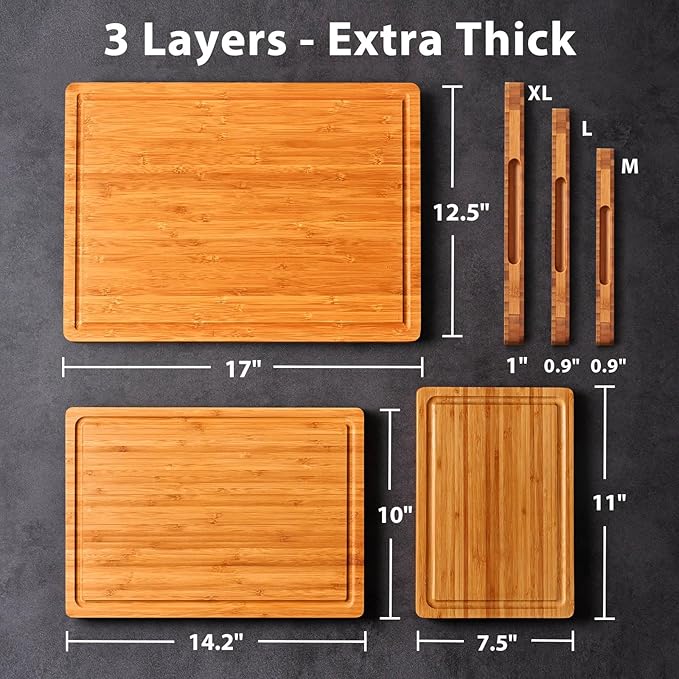 Allsum 3pcs Cutting Boards for Kitchen, Extra Thick Carbonized Bamboo Wood Chopping Boards Set for Meat, Vegetables and Fruits, Charcuterie Serving Trays for Party
