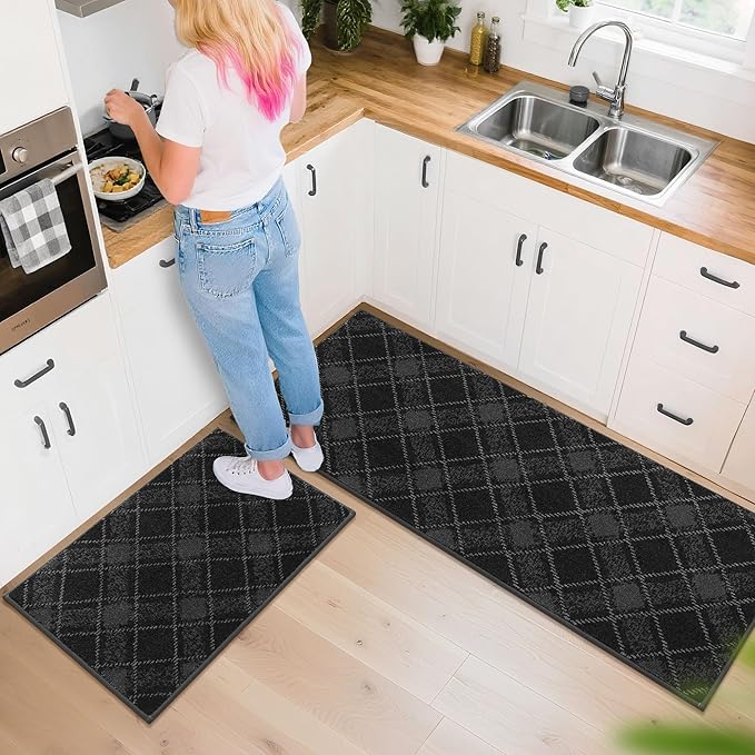 COSY HOMEER Kitchen Rugs and Mats Sets 2PCS Non-Slip Soft Kitchen Mats for Floor Absorbent and Stain Resistant Kitchen Floor Mat Washable Plaid Rugs for Kitchen,24"x36"+24"x60",Dark Grey