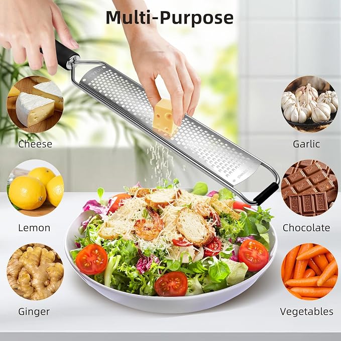Premium Lemon Zester & Cheese Grater,Kitchen Tool for Parmesan Cheese, Lemon, Ginger, Garlic, Nutmeg, Chocolate, Vegetables, Fruits,Sharp Stainless Steel Blade,Dishwasher Safe (Black)