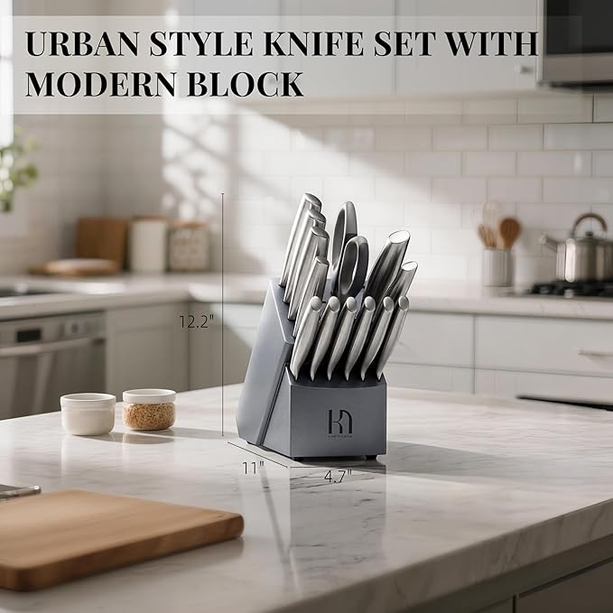 Knife Set, 14 Pcs Premium Japanese High Carbon Stainless Steel Kitchen Knife Set, Razor Sharp Knife Block Set with Built-in Sharpener, Quality Acacia Wood Block Knife Sets Ergonomic Handle