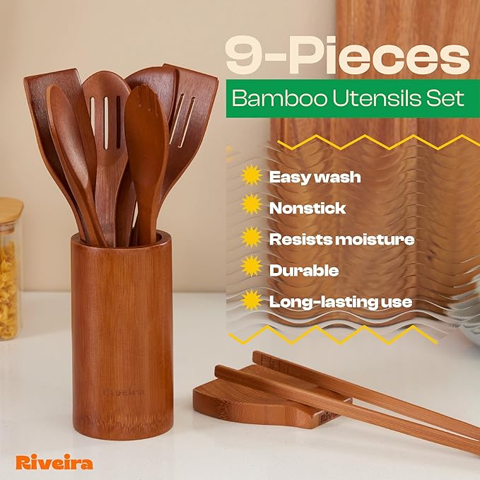 Riveira Premium Brown Bamboo Wooden Spoons for Cooking Set of 9 – Brown Bamboo Wooden Cooking Utensils, Wooden Spatula & Spoon - Premium Quality Utensil Set for Non-Toxic Cooking