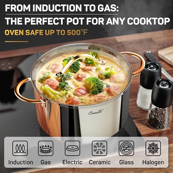 Ciwete Stock Pot 12 Quart, 18/10 Tri-Ply Stainless Steel All Clad Stock Pot with Lid, Seamless 12 QT Cooking Pot with Copper Handle, Healthy Stockpots, Induction, Gas, Oven and Dishwasher Safe