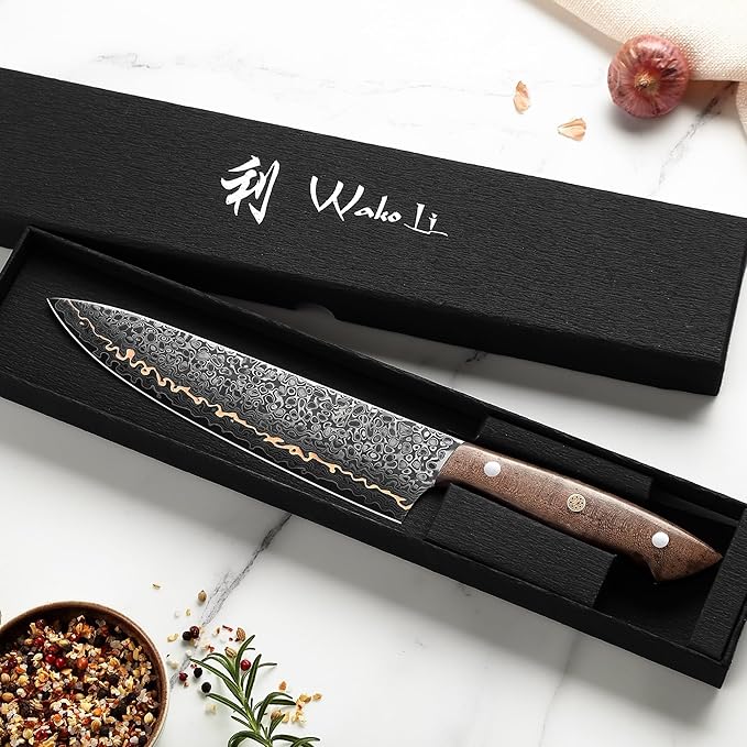 Wakoli Kawa Chef Knife, 7.9-Inch Blade Damascus Knife | 67-Layer Damascus Steel with VG10 Core | Copper Inlay | Maple Stabilized Wood Handle | Professional Kitchen Knife