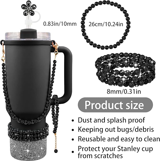9PCS Black of Stanley Cup Accessories Set 30/40 OZ Bling Pearl Rhinestones Charms for Stanley Decorations Tumbler Accessories Including Flower Straw Topper, Rhinestones Boot 30/40 OZ