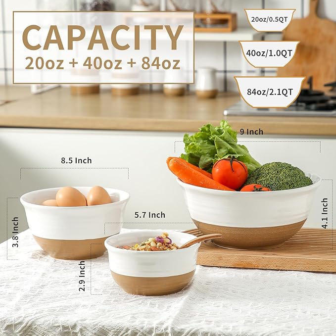 HASENSE Serving Bowls,Ceramic Mixing Bowls, Large Salad Pasta Bowls Set, 2.1/1.0/0.5 Qt for Entertaining, White Nesting Batter Bowls for Prepping Baking, Dishwasher Microwave Safe, Set of 3