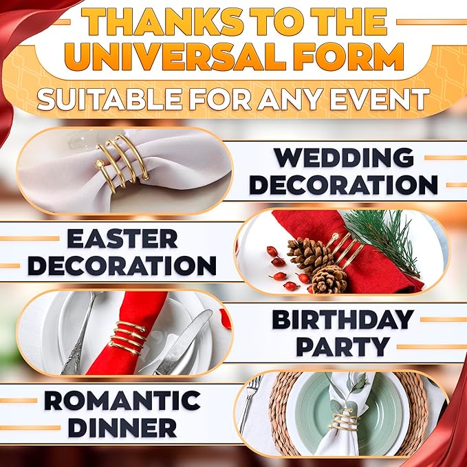Gold Napkin Rings Set of 8 - Easter Napkin Rings with Elegant Spiral Design | Durable Metal & Shiny Gold Finish | Great for Weddings, Holidays & Everyday Use | Festive Easter Holiday Table Decoration