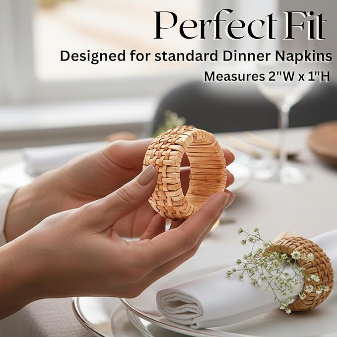 ALPHA Living HOME Natural Rattan Napkin Rings Set of 12 - Handcrafted Cane Serviette Holders for Table Decor, Weddings, Parties, Dinners, Rustic Boho Style Napkin Rings Set (Brown)
