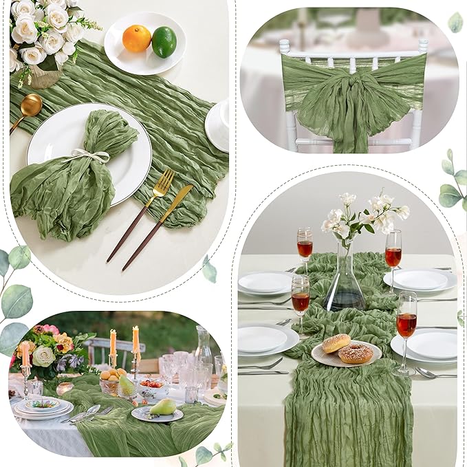 12 Pack Sage Green Cheesecloth Table Runner 10FT Long Boho Gauze Table Runner Rustic Sheer Runner for Wedding Bridal Baby Shower Birthday Party Table Decor Home Easter Thanksgiving Decorations