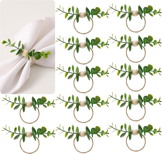 APTWOW Spring Napkin Rings Set of 12, Boho Eucalyptus Leaf Napkins Rings, Wood Bead Farmhouse Easter Napkin Holder for Weddings Christmas Party Table Decor