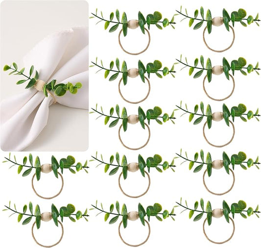 APTWOW Spring Napkin Rings Set of 12, Boho Eucalyptus Leaf Napkins Rings, Wood Bead Farmhouse Easter Napkin Holder for Weddings Christmas Party Table Decor