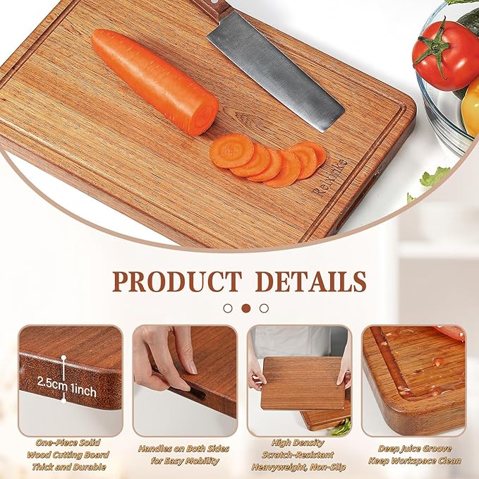 Relxinke Solid Teak Wood Cutting Board Set One Piece Non Glued Large Thick Crack Resistant Wooden Chopping Board with DeepJuice Grooves Built in Handles for Kitchen Meat Vegetable 15.8x11 IN &12X8 IN