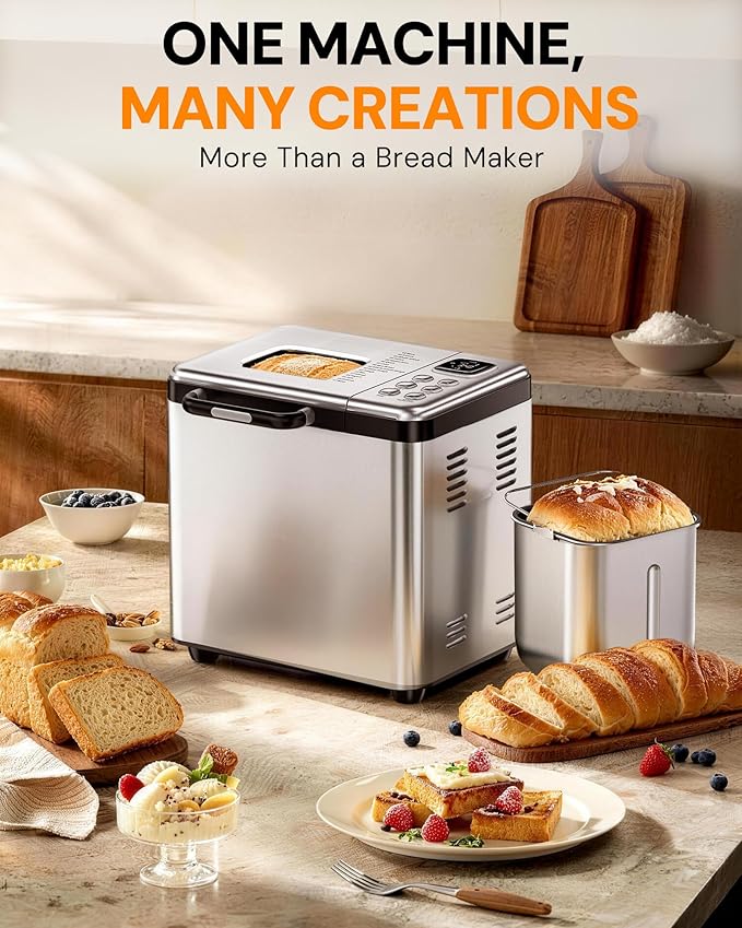 Bread Maker, 2LB Stainless Steel Bread Machine, 17-in-1 Automatic Settings, Non-Stick Pan, Beginner-Friendly Controls, Easy to Clean, Low Noise, High Success Rate for Homemade Bread