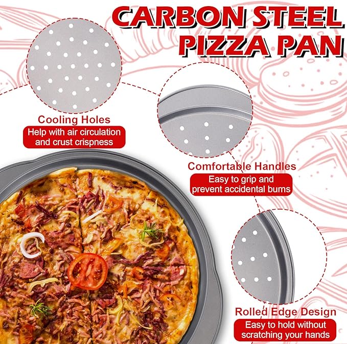 Gymdin Pizza Pan for Oven - 13" Round Pizza Pans with Holes(2 Pack), Non-stick Carbon Steel Pizza Trays with Handle, Easy to Clean & Oven Safe