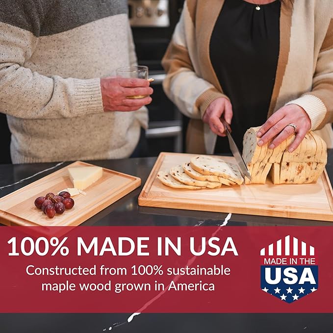 Made in USA Medium Solid Maple Wood Cutting Board by Virginia Boys Kitchens - Butcher Block Wooden Carving Board with Juice Groove made from Sustainable North American Hardwood (17x11)