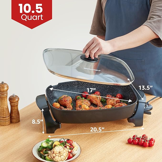Elite Gourmet EG-6203# Extra Deep 16"x13"x3.2" (10.5Qt.) Scratch Resistant, Easy Pour Spout Dishwasher Safe, Non-stick Electric Skillet with Glass Vented Lid, Adjustable Temperature, Black