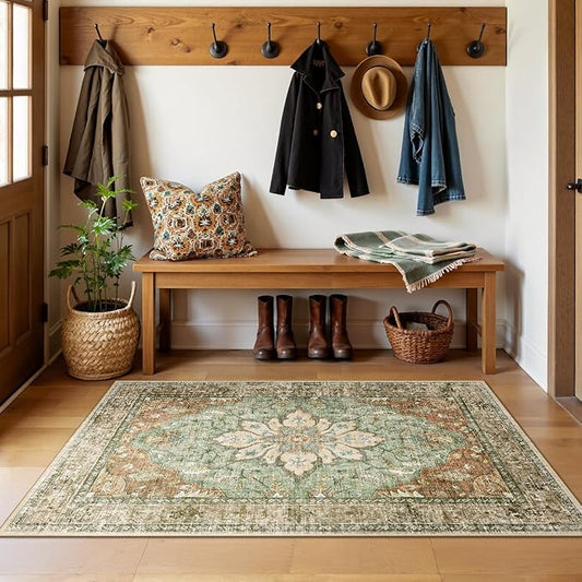 Area Rugs 3'x5' Washable Non-Slip, Floral Vintage Distress Print Pattern Medallion Carpet for Living Room Bedroom Dining Room, Brick Red Rust Neutral Brown Burnt Orange Green